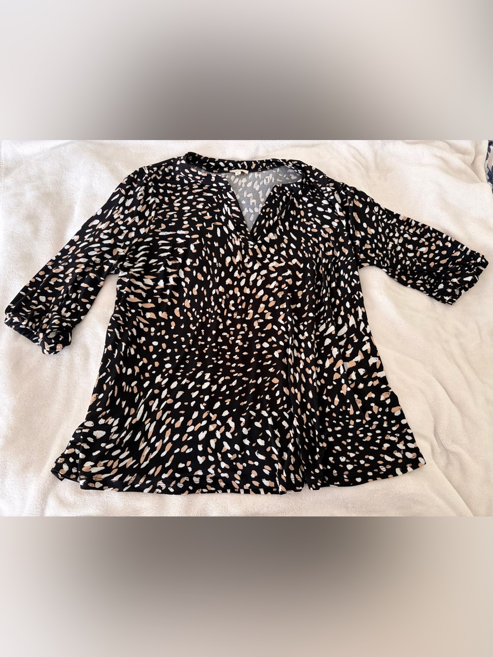 Black Animal-Print Split-Neck Blouse with Cream & Tan Spots